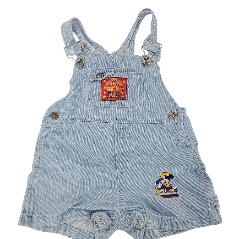 Vintage Disney Mickey's Rugged Wear Pinstripe  Denim Bib Overall Shortalls 24 mo